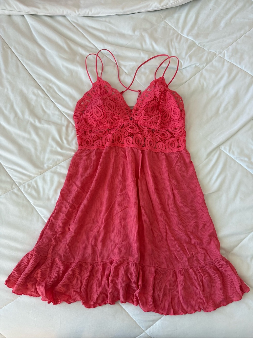 PINK Victoria's Secret Hot Pink Lace & Ruffle Mini Dress